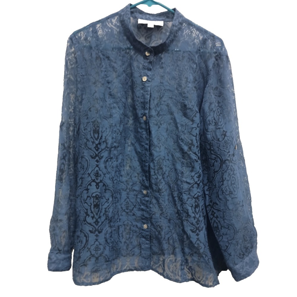 Samantha Grey Womens Blouse 18 Blue Floral Sheer Burnout‎ Long Sleeve Button Up